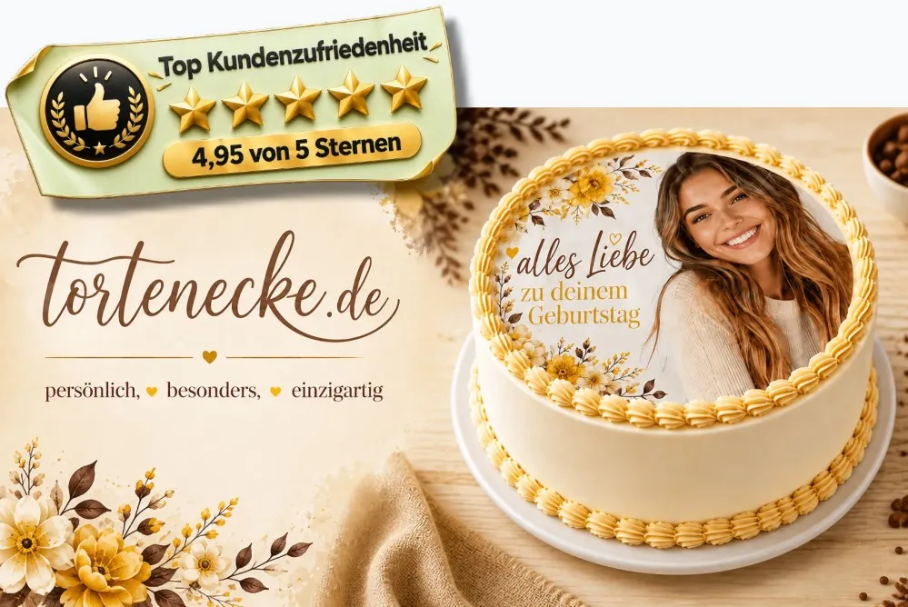 Festliche Torte mit Fotodruck von tortenecke.de und Top-Kundenzufriedenheit 4,95 Sterne. (KI-Produktbeispiel)